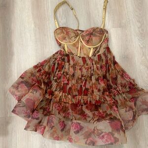 Lace & Beads Floral Mesh Mini Dress with Gold Accents… BRAND NEW!!